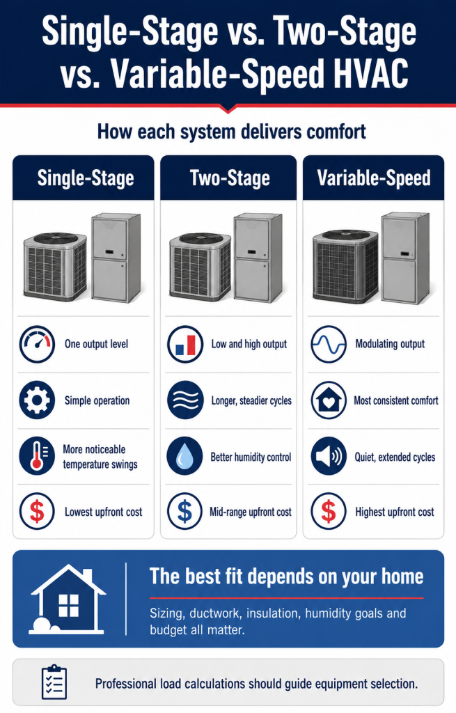 Single-stage, two-stage and variable-speed HVAC systems compared by comfort, humidity control, noise and upfront cost