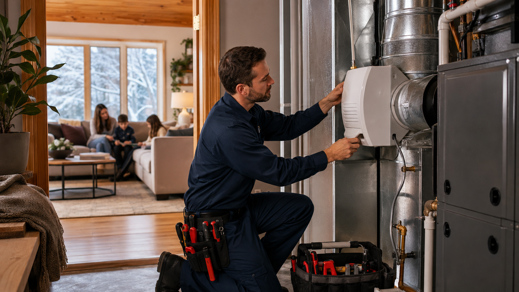 Technician installs a whole-house humidifier to improve winter comfort in a Wisconsin home